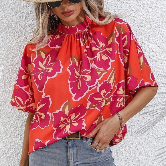. Tops - Red Boho Womens Floral Print Mock Neck Blouse